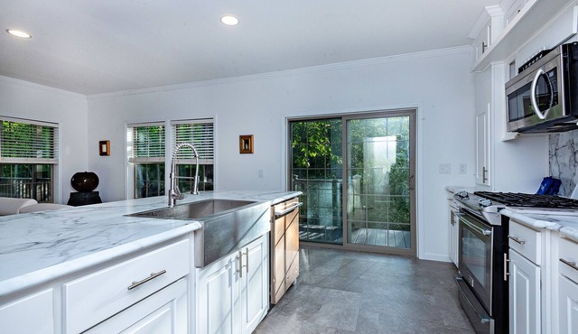 Modern waterfront fireplace in bedroom/bath jetted tub walk in shower no steps